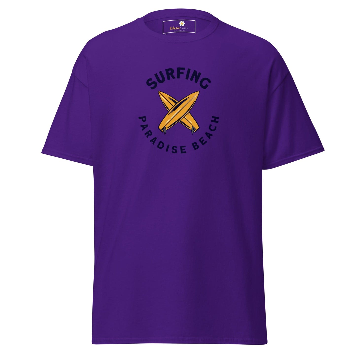 Purple T-shirt with surfing design, suitable for men and women in sizes S to XL