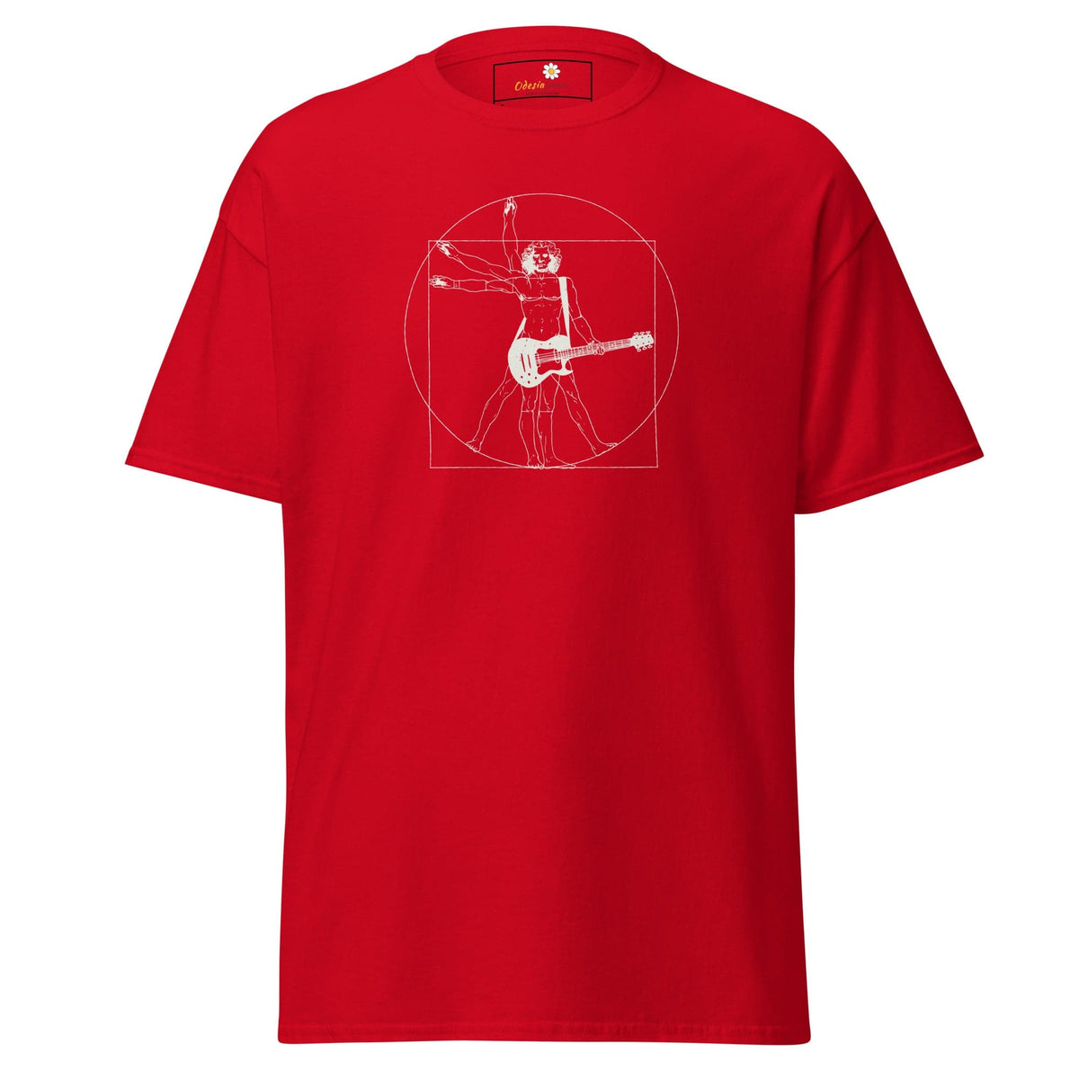 Red T-shirt with Vitruvian Man playing guitar displayed in T-SHIRT DESIGN TEE product
