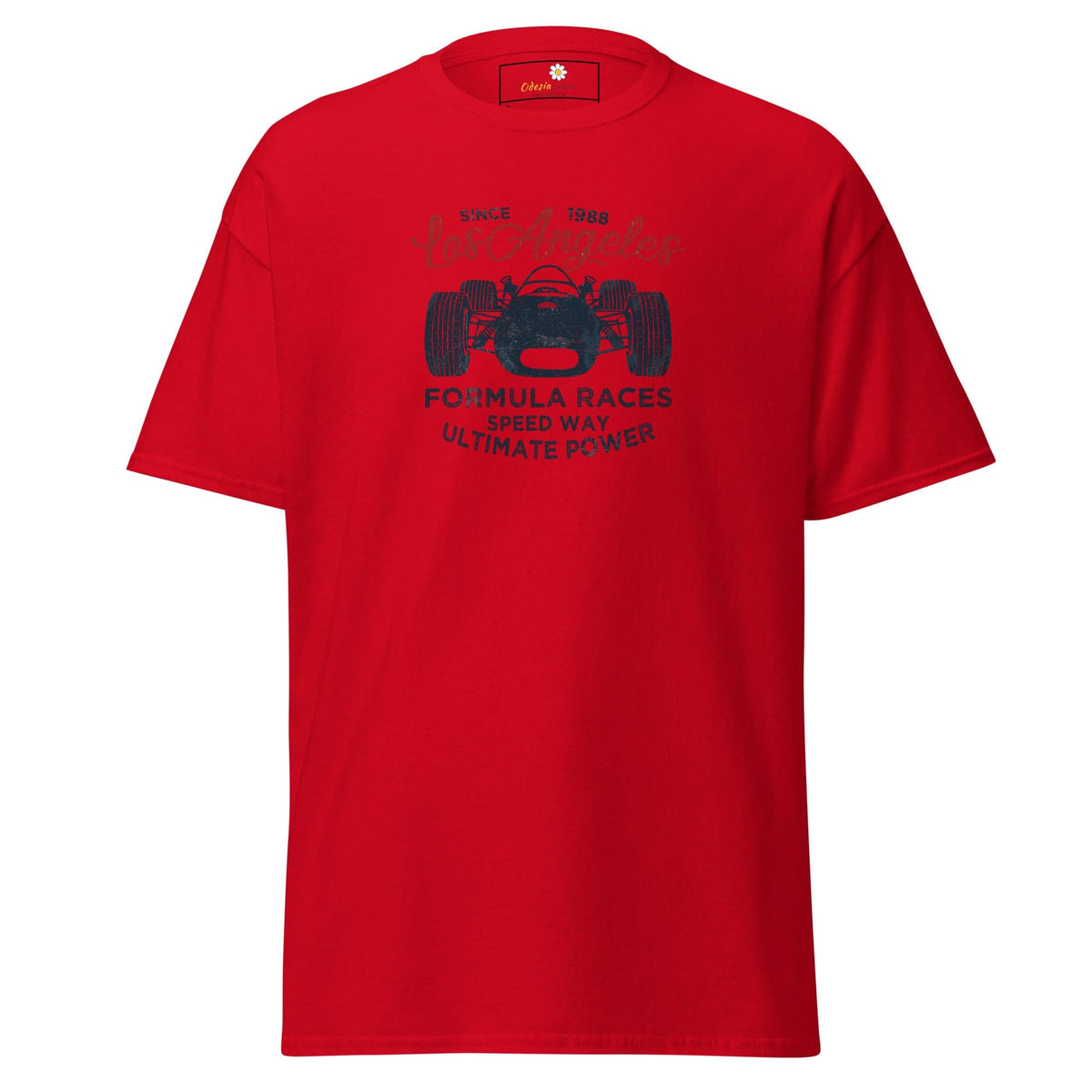 Red T-shirt with race car graphic for men and women in sizes S to XL