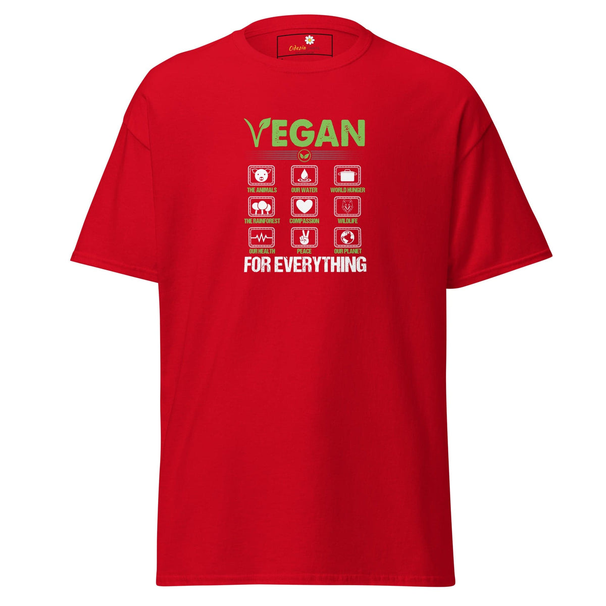 Red vegan-themed T-shirt displayed in T-SHIRT DESIGN TEE for men and women, sizes S to XL