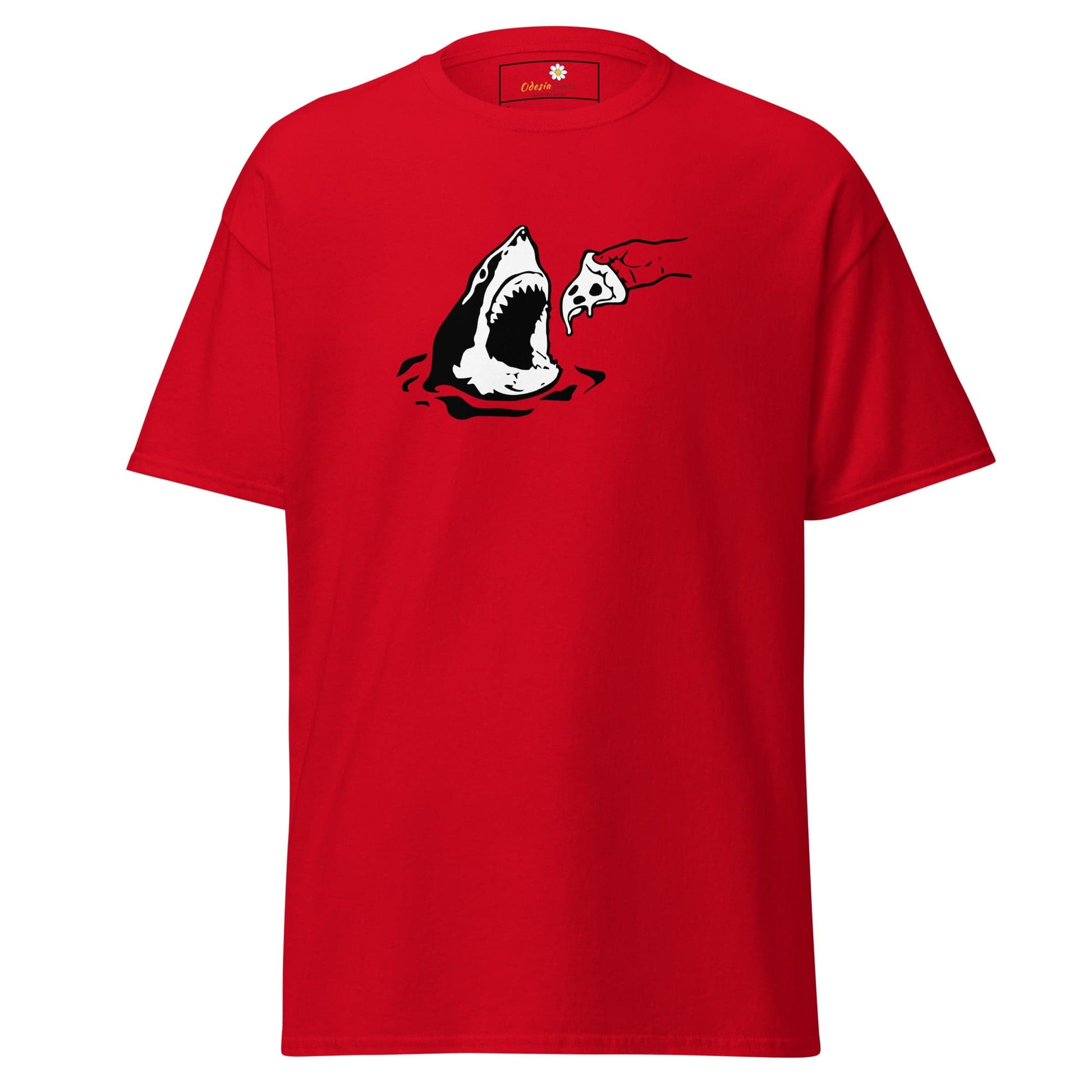 Red T-shirt with Shark and Pizza Graphic for Men and Women in Sizes S to XL