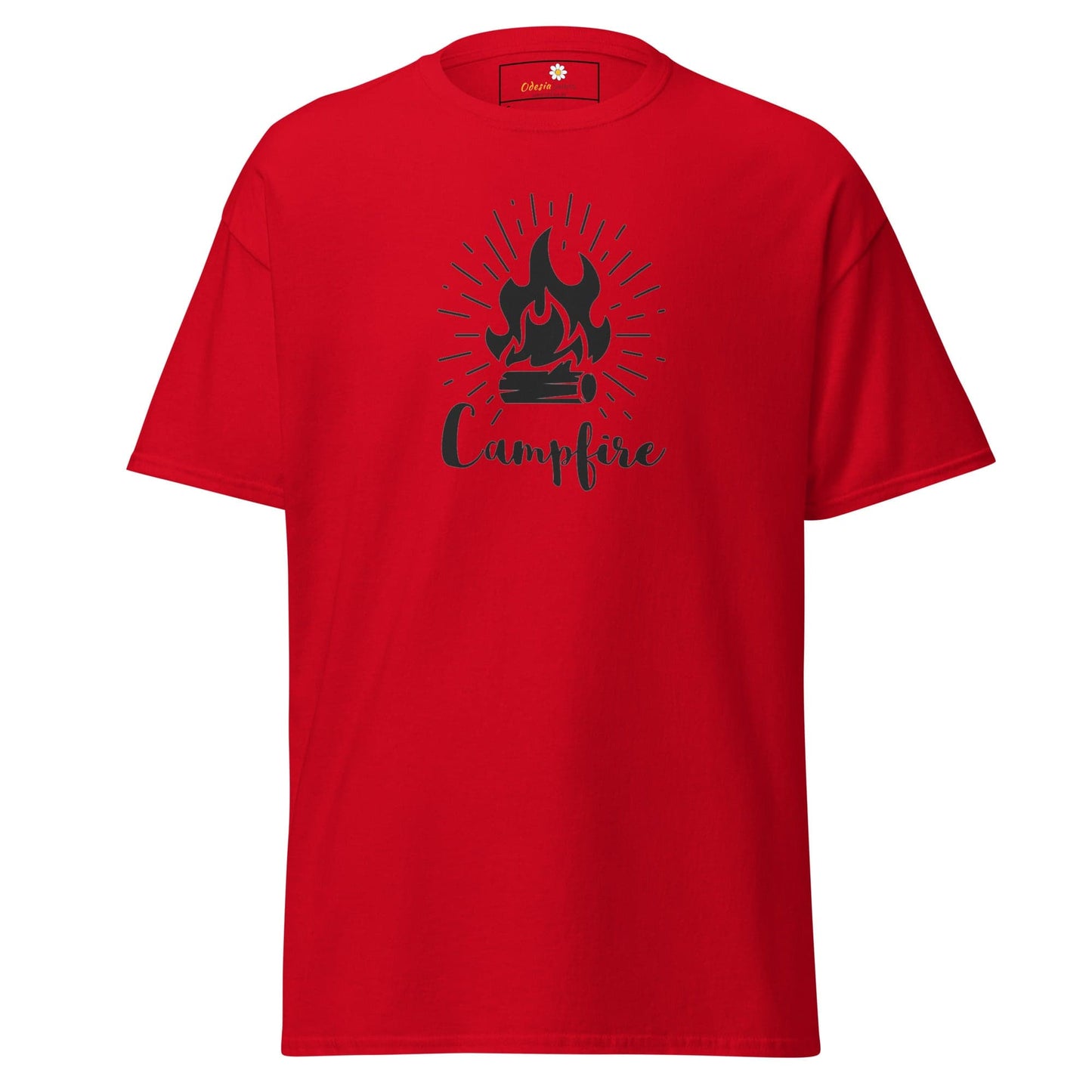 Red T-shirt with campfire graphic for Men and Women in size S to XL