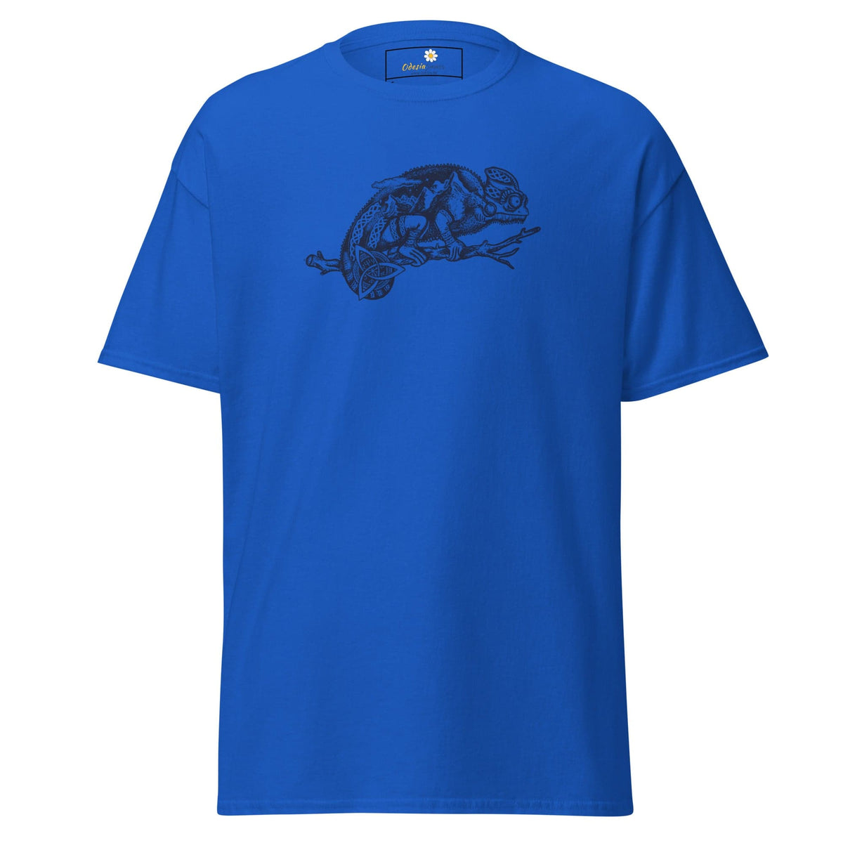 Blue t-shirt with chameleon graphic for men and women in sizes S to XL