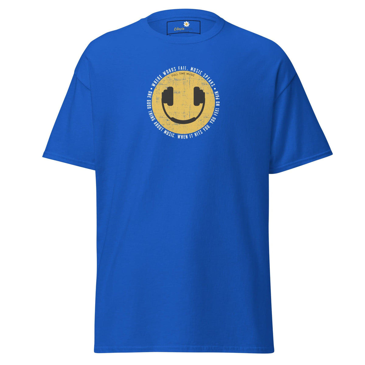 Blue T-Shirt with smiley face and headphones for Men and Women in sizes S to XL