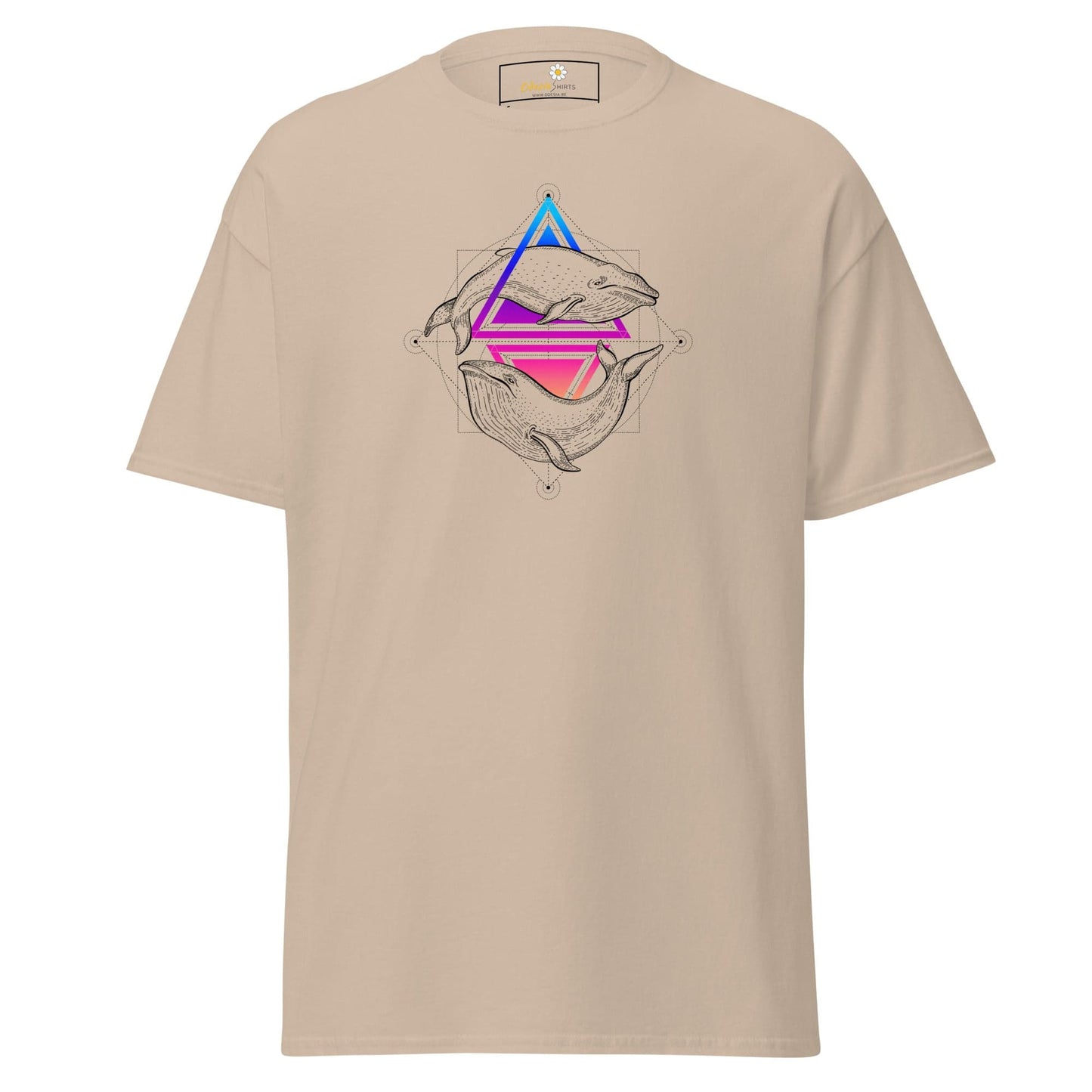 Beige T-shirt with whale design suitable for men and women, available in sizes S to XL