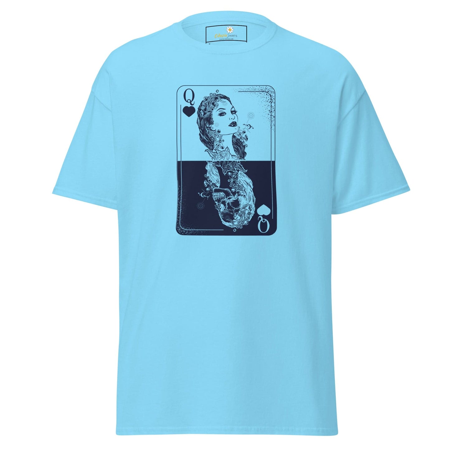 Light blue T-shirt for men and women with Queen of Spades card graphic display