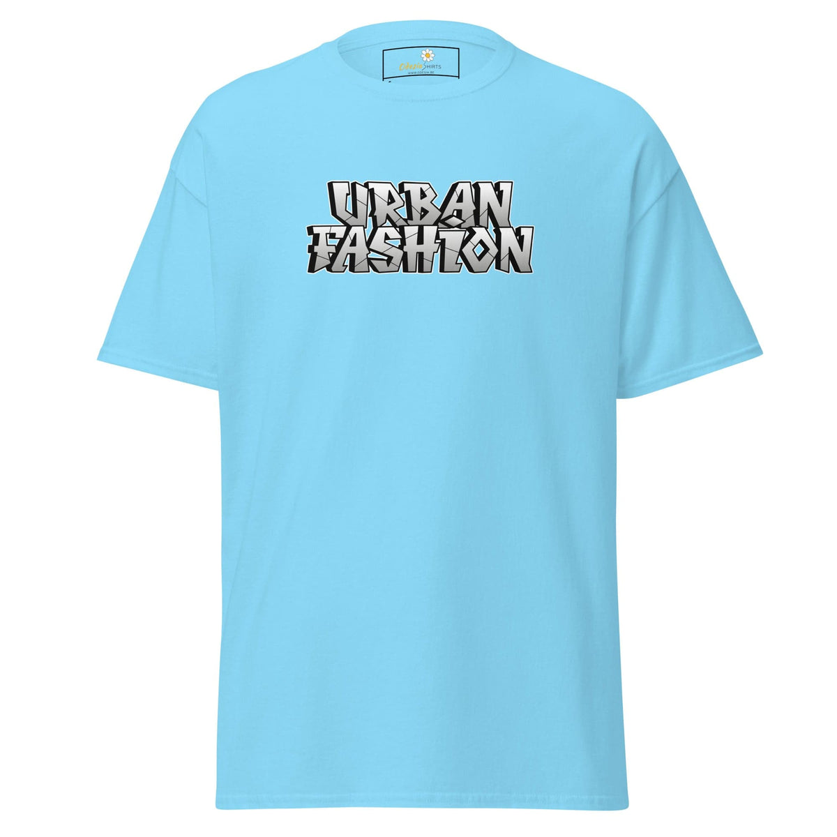 Light blue T-shirt featuring Urban Fashion text, available in S to XL sizes for men and women