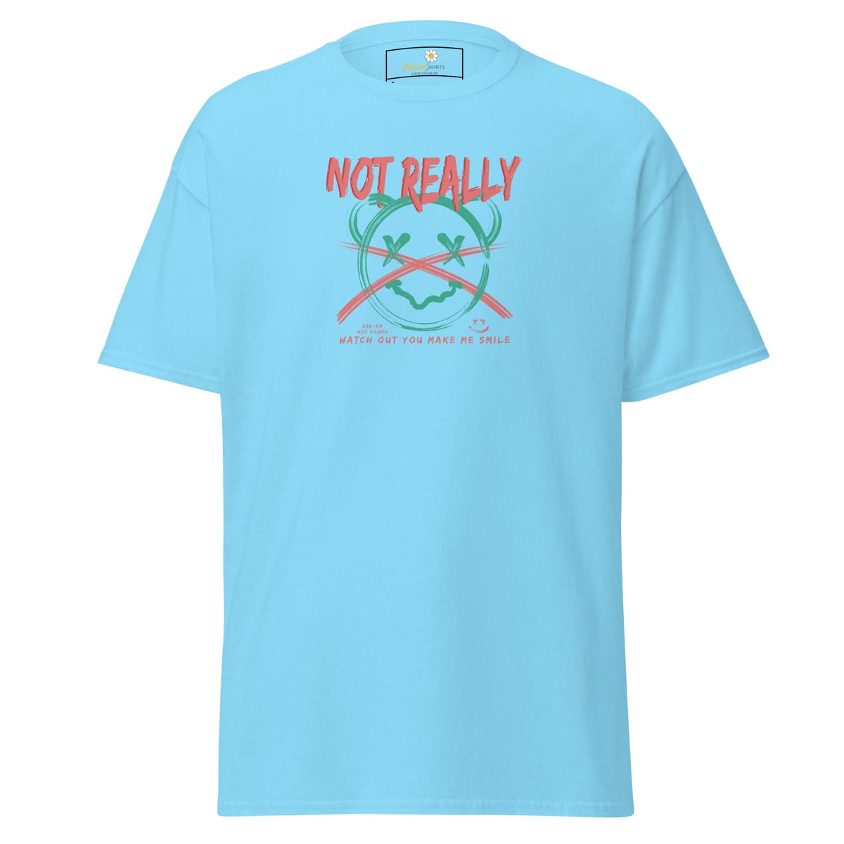 Light blue T-shirt with graphic design for men and women available in sizes S to XL