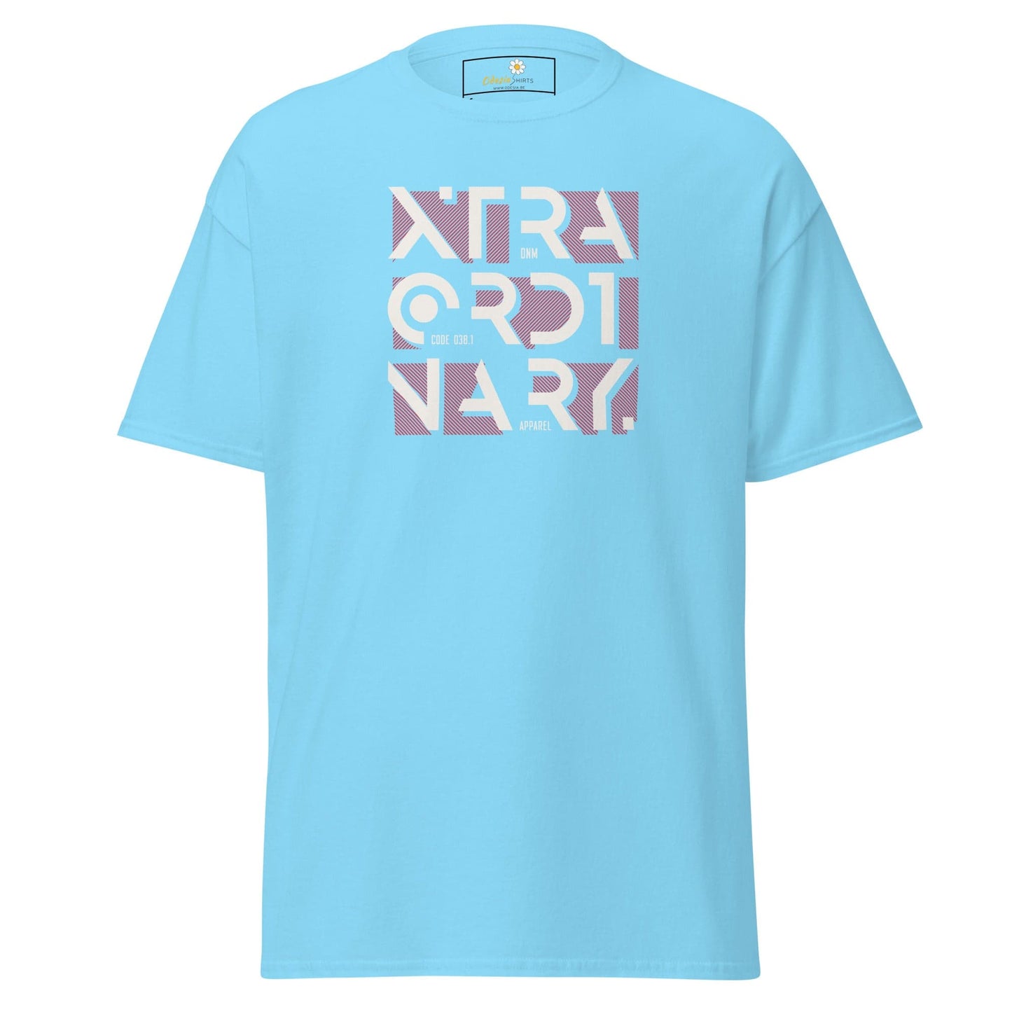 Light blue T-shirt with graphic design for men and women available in sizes S to XL
