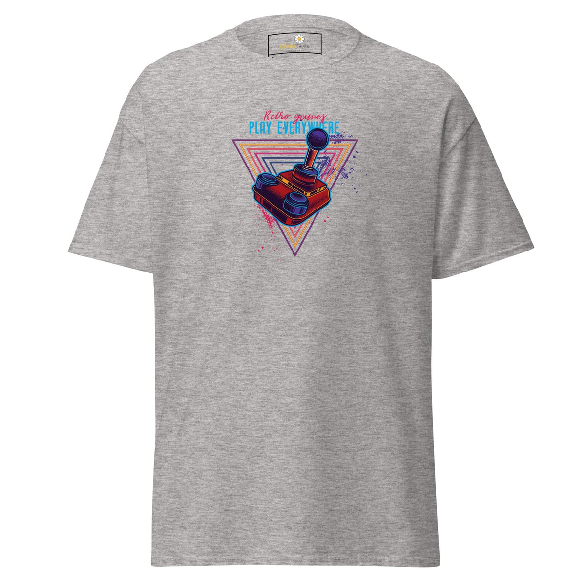 Gray T-shirt with retro gaming design, suitable for men and women, available in sizes S to XL