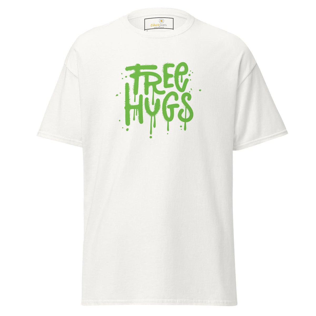 White T-shirt with Free Hugs graphic displayed in T-SHIRT DESIGN TEE for Men and Women