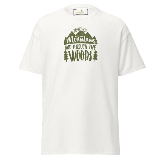 White T-shirt with mountain and woods graphic, suitable for men and women sizes S to XL