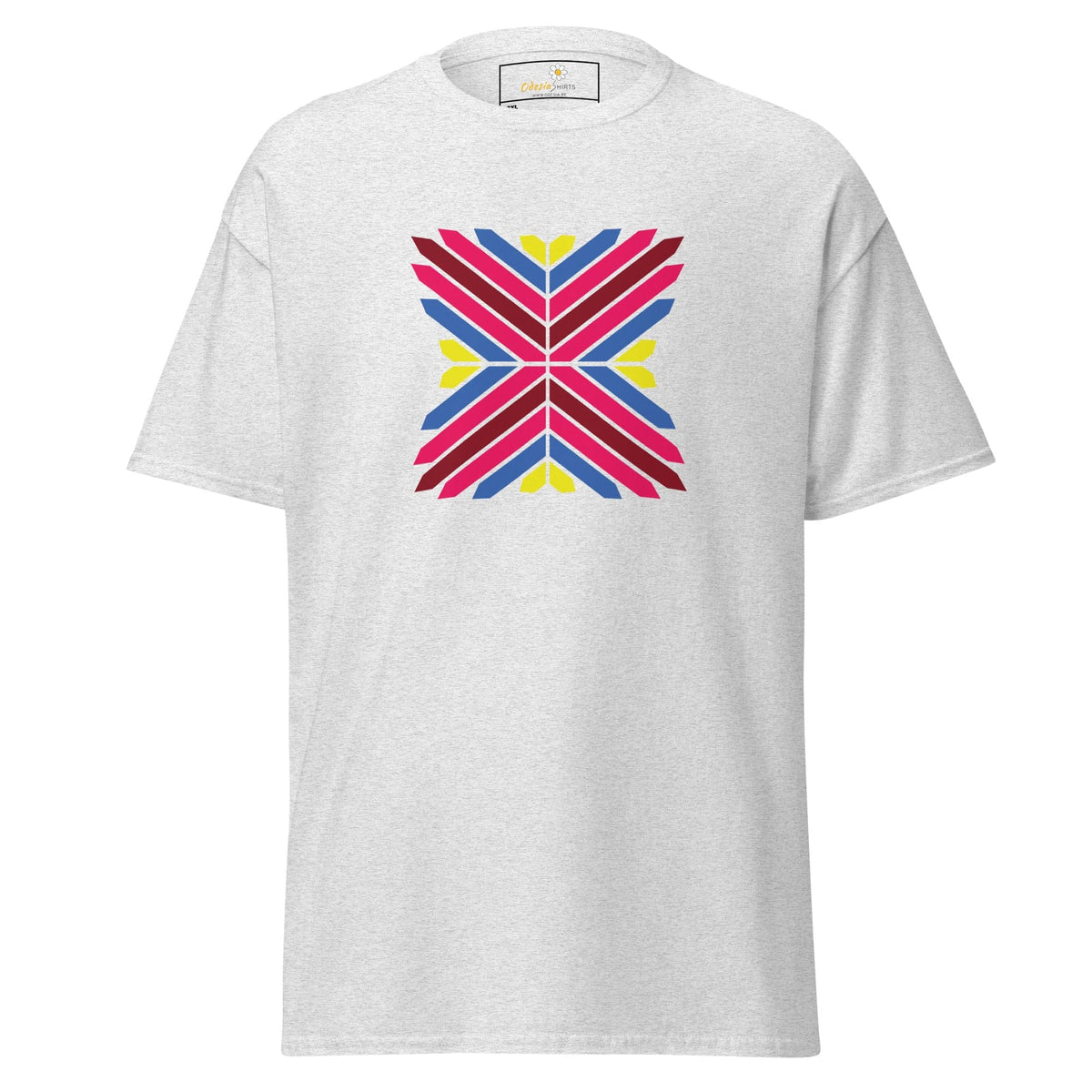 White t-shirt with colorful geometric design for Men and Women in 2XL to 5XL sizes