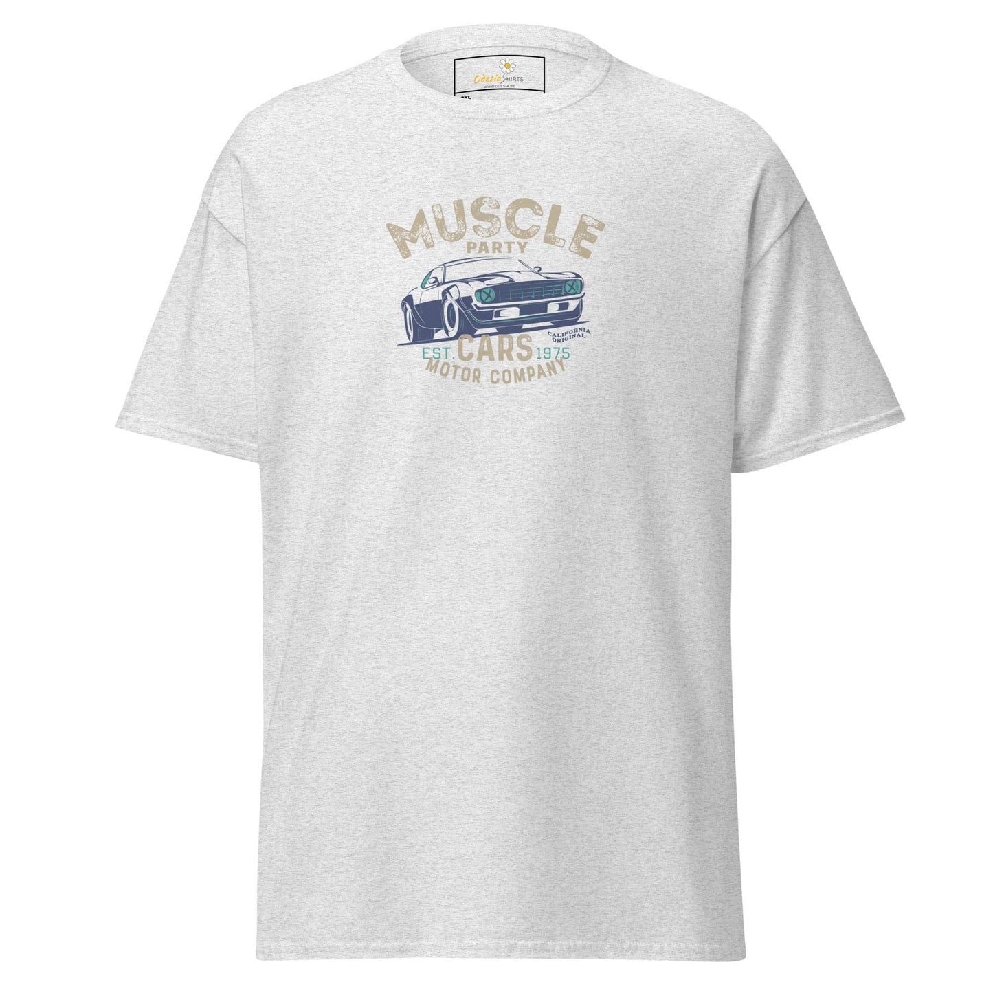 White t-shirt with car graphic.
