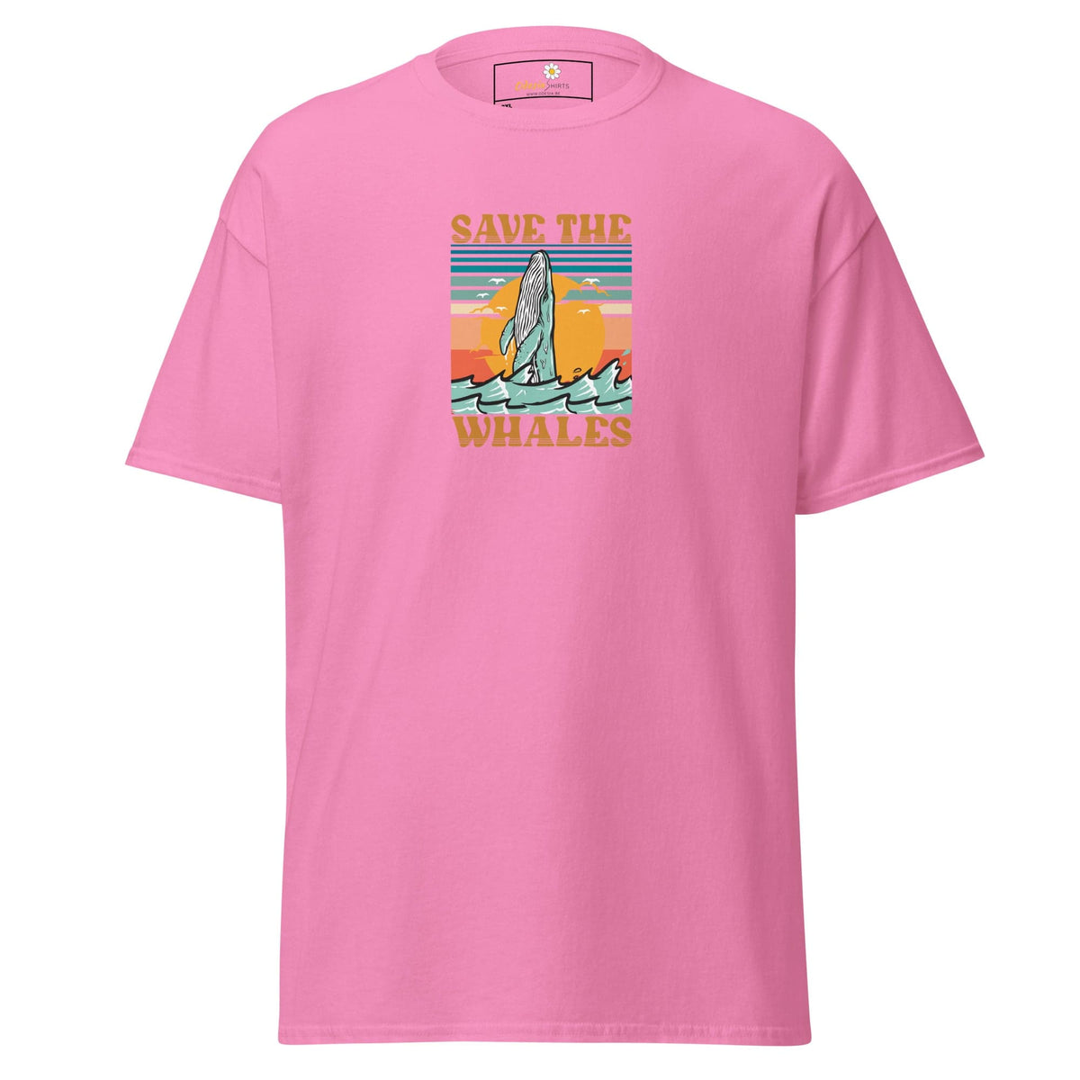 Pink T-shirt with whale graphic for men and women in sizes 2XL to 5XL