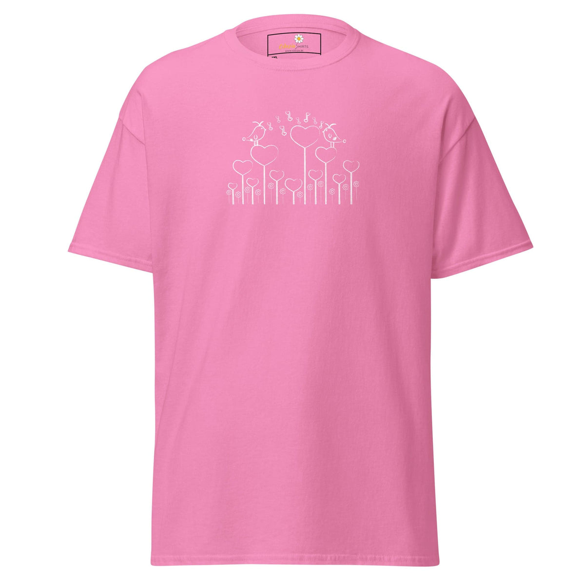 Pink T-shirt with heart and bird design for men and women in sizes 2XL to 5XL