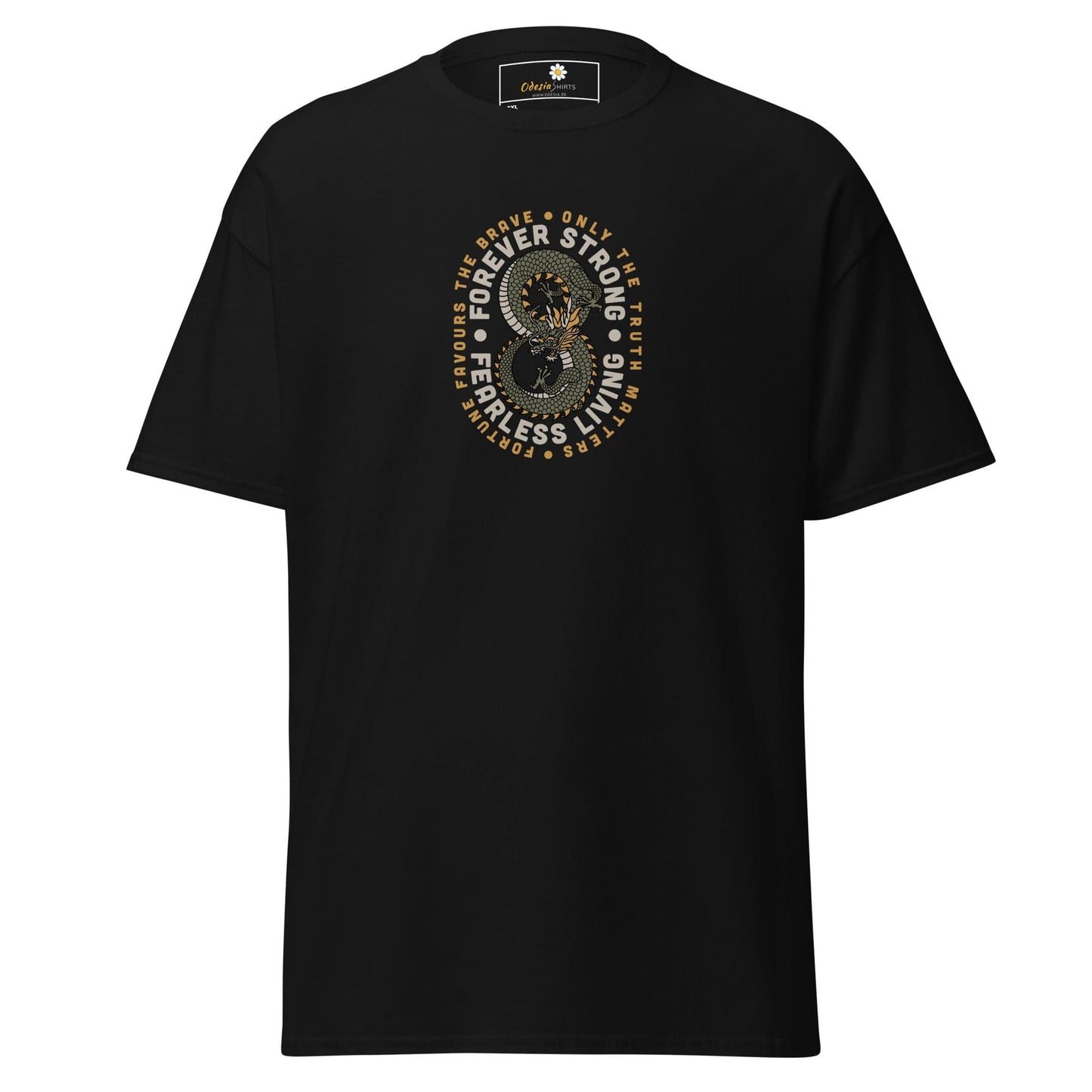 Black t-shirt with dragon graphic.