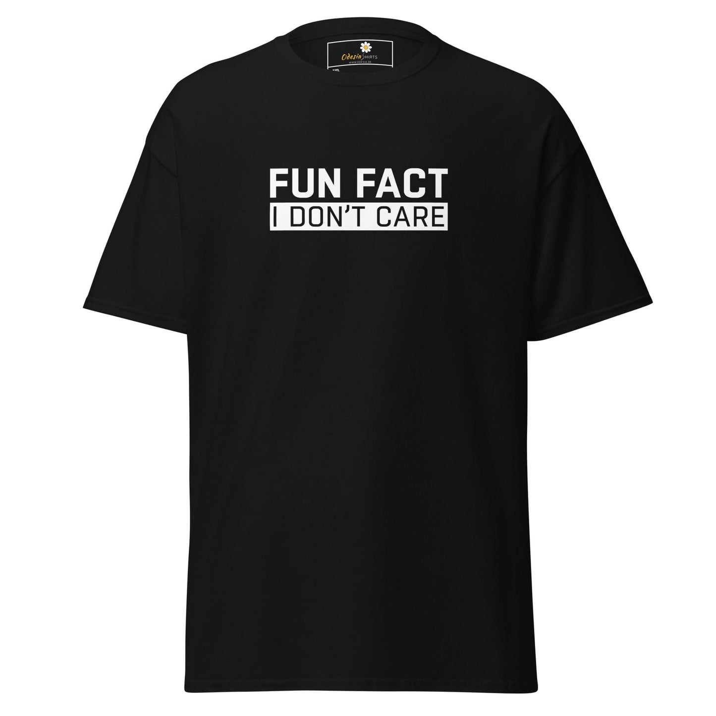 Black t-shirt with white text.