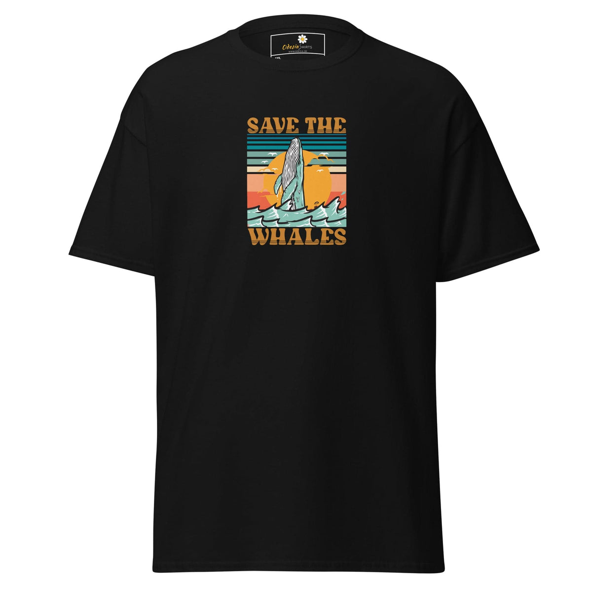 Black T-shirt with whale graphic for men and women in sizes 2XL to 5XL