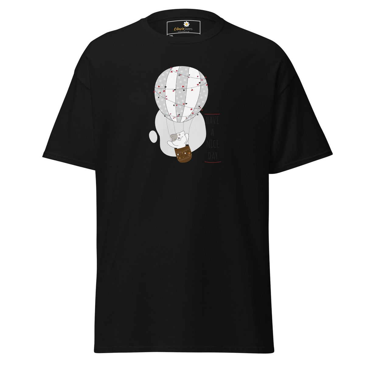 Black T-shirt with cartoon hot air balloon design for Men and Women in extended sizes