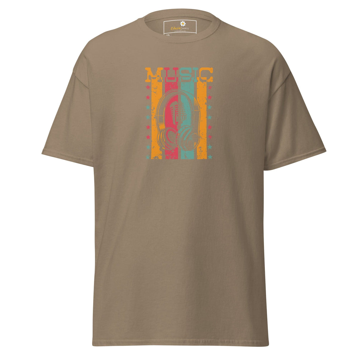 Khaki T-shirt with music graphic for men and women in 2XL to 5XL sizes