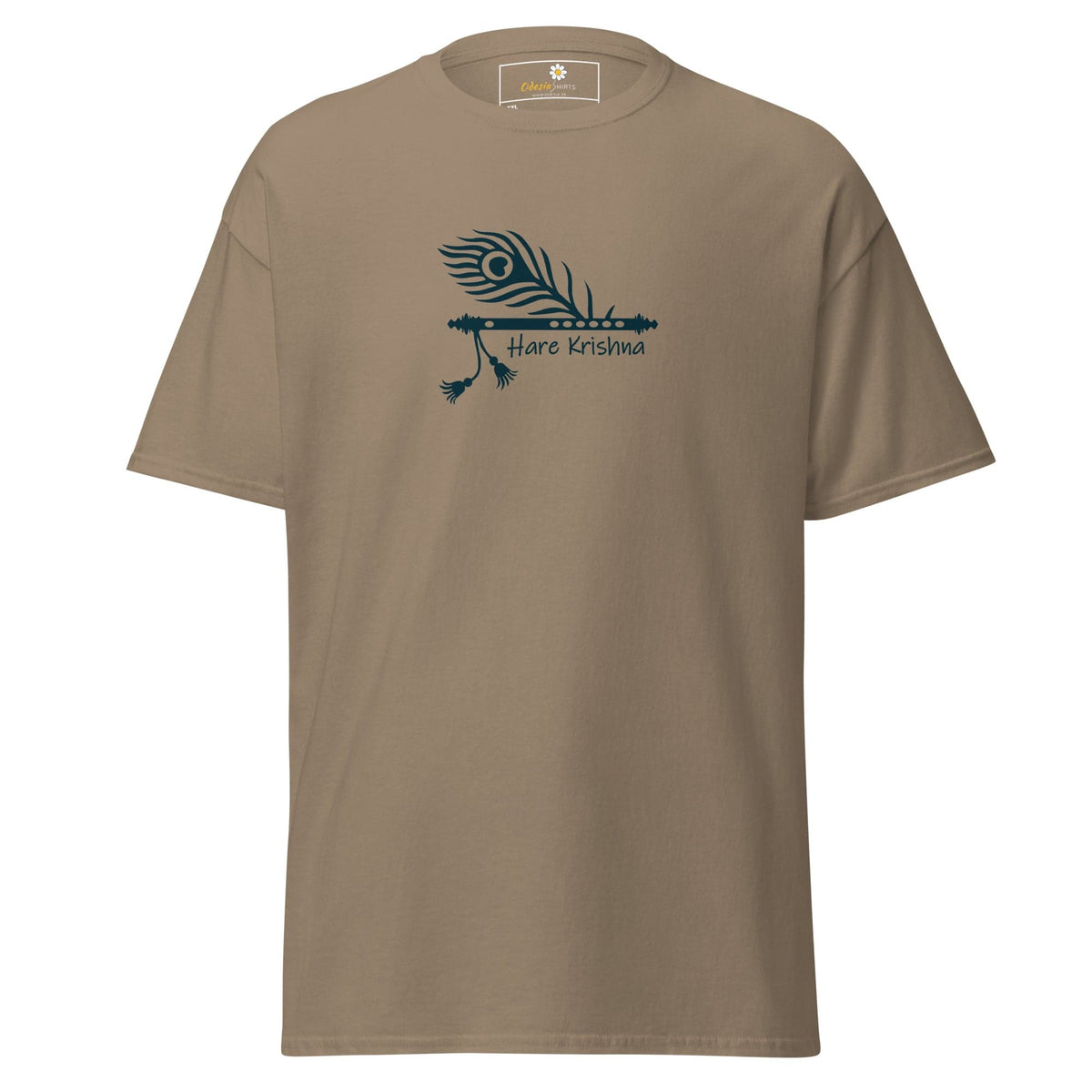 Khaki T-shirt with peacock feather and flute design for men and women in 2XL-5XL sizes