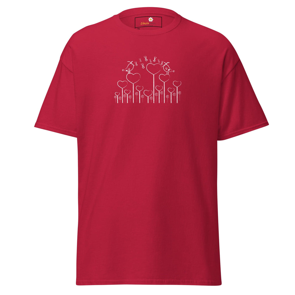 Red T-shirt with heart and bird design for Men and Women in sizes 2XL to 5XL