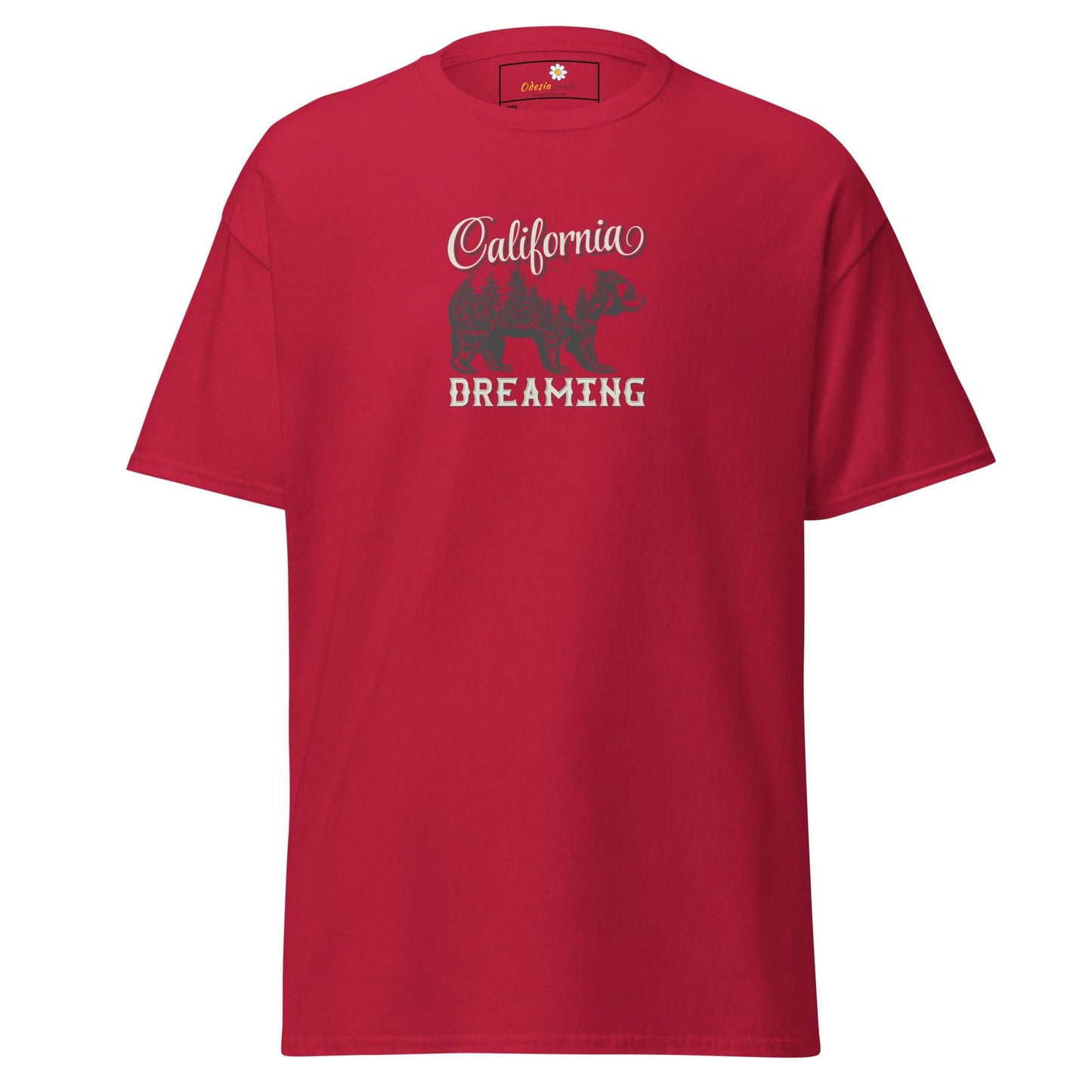 Red T-shirt with California Dreaming graphic, designed for men and women in 2XL to 5XL sizes