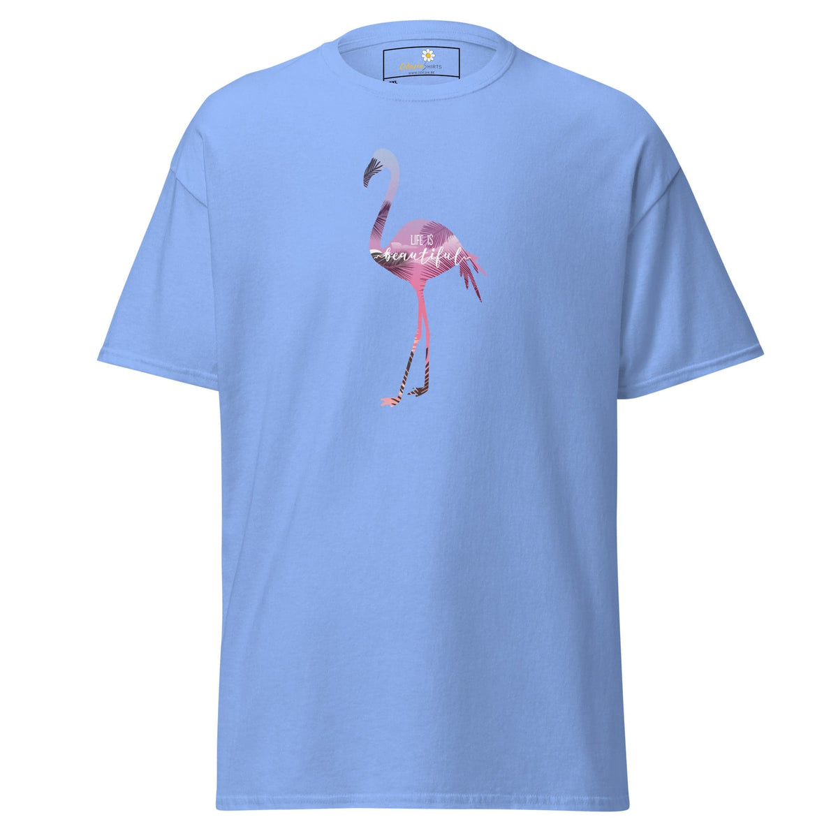 Light blue T-shirt with flamingo design for men and women in 2XL to 5XL sizes