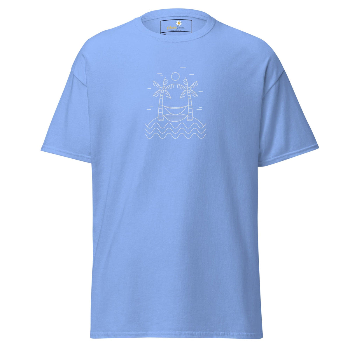Light blue T-shirt with white hammock and palm trees graphic, suitable for men and women