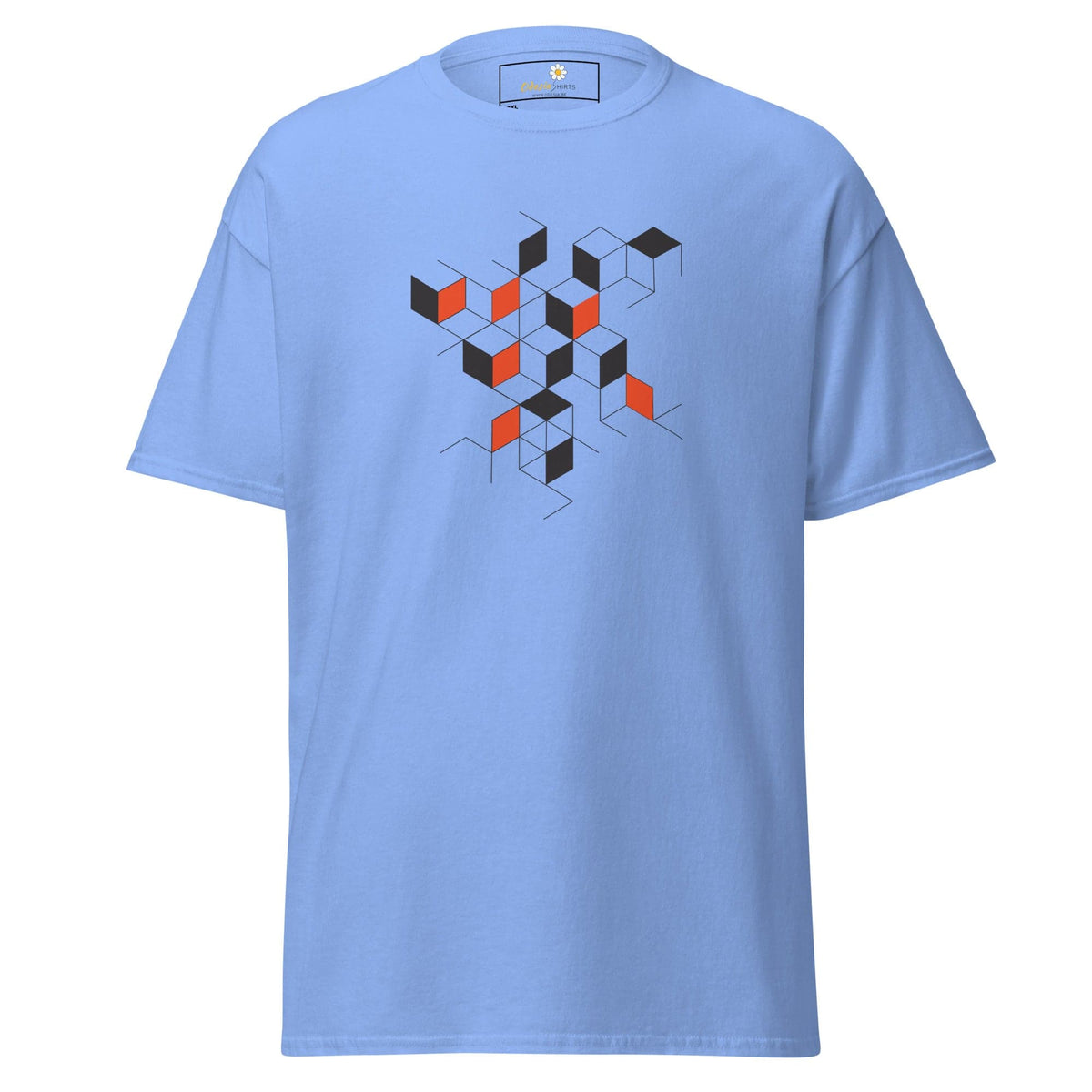 Light blue men’s and women’s t-shirt with geometric cube design in 2XL to 5XL sizes