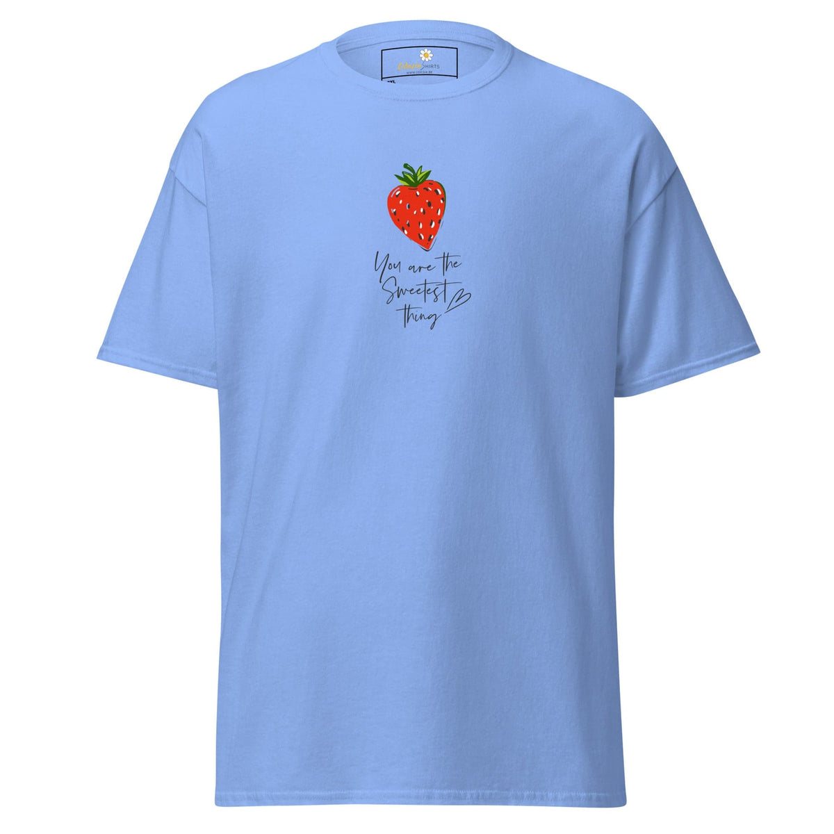 Light blue t-shirt with strawberry design.
