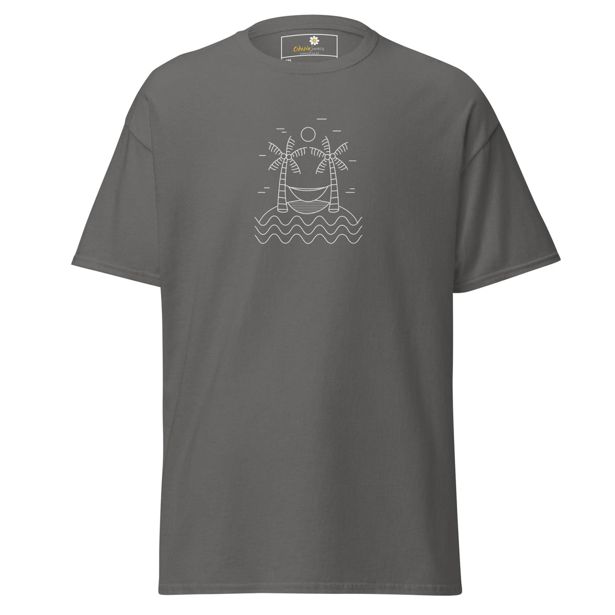 Gray T-shirt featuring a beach scene graphic for men and women in 2XL to 5XL sizes