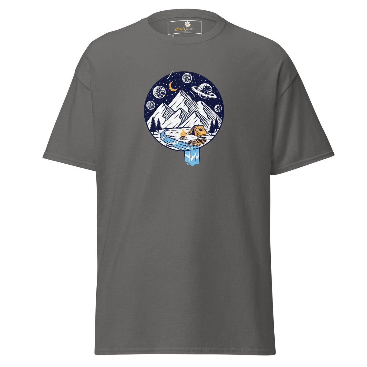 Gray t-shirt with mountain scene graphic.