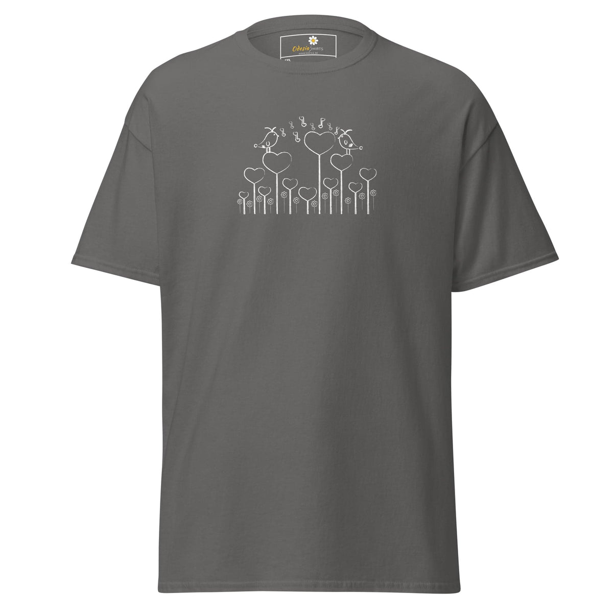 Gray T-shirt with heart and bird design for Men and Women in 2XL to 5XL sizes