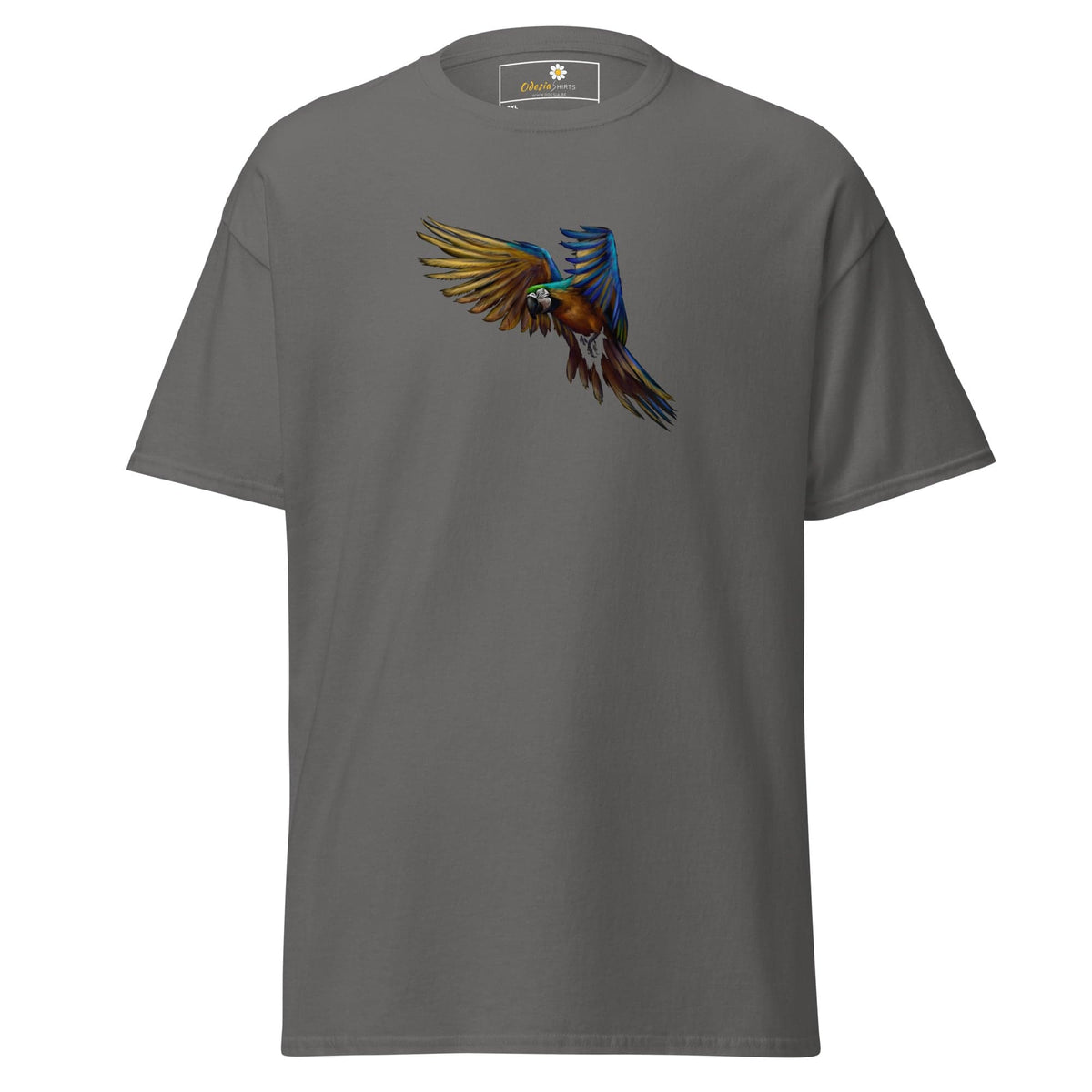 Gray T-shirt with vibrant parrot graphic available in men’s and women’s sizes 2XL to 5XL