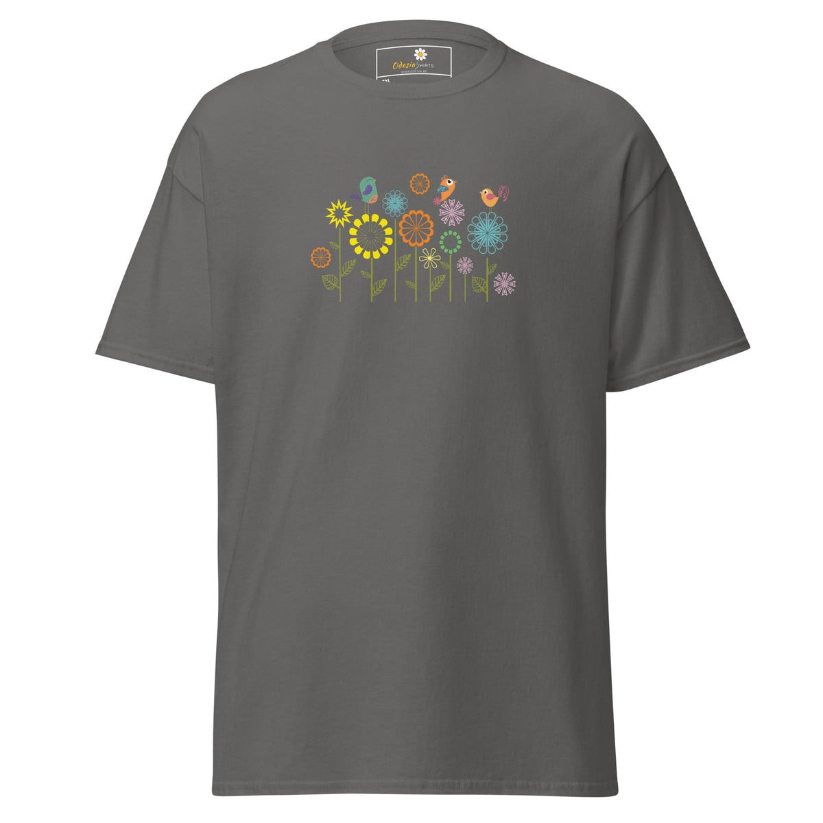 Gray t-shirt with floral and bird design.