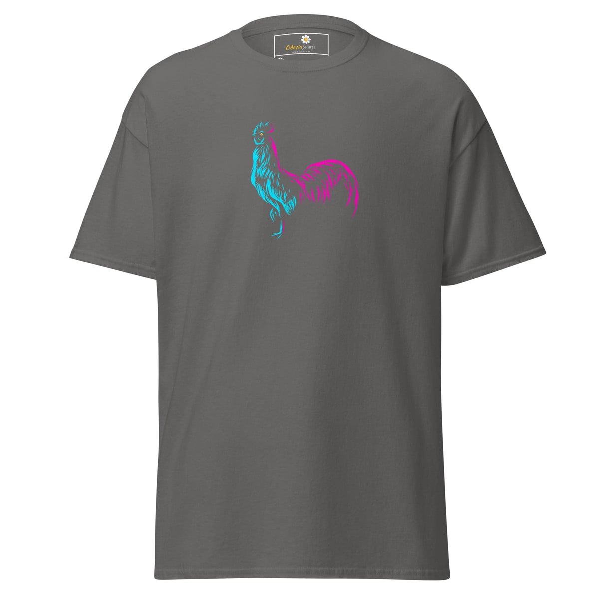 Gray T-shirt with a rooster design, available in men’s and women’s sizes 2XL to 5XL