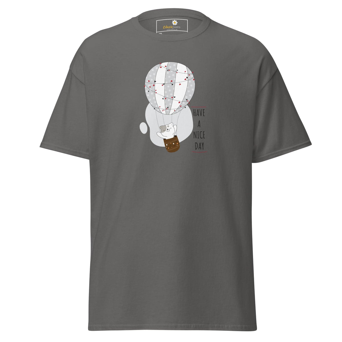 Gray T-shirt with cartoon hot air balloon graphic for men and women in sizes 2XL to 5XL