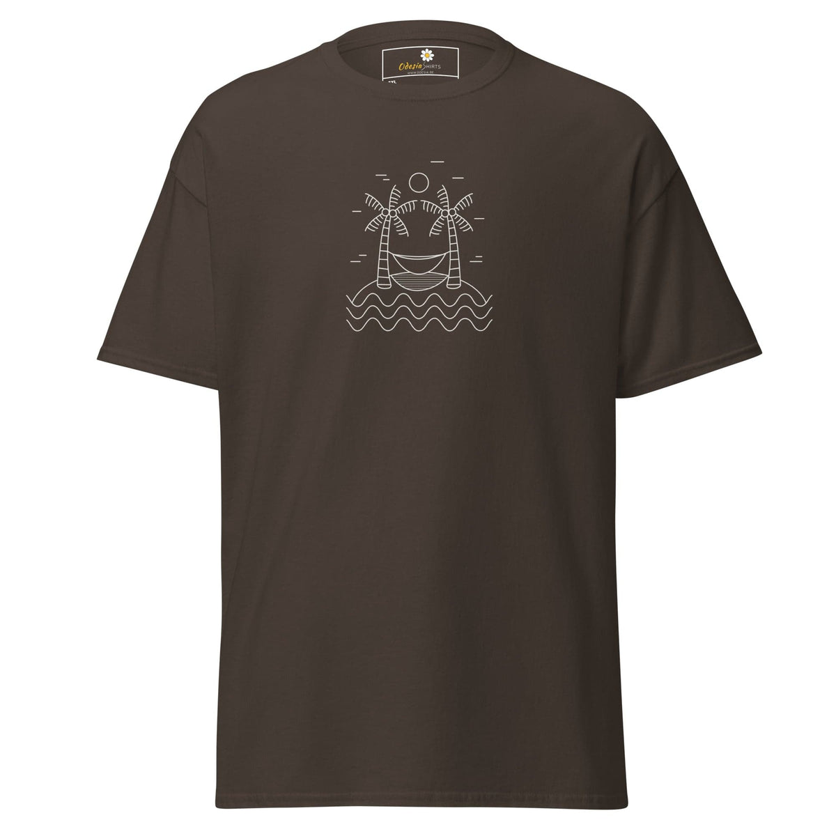 Brown T-shirt with beach scene graphic for men and women in sizes 2XL to 5XL