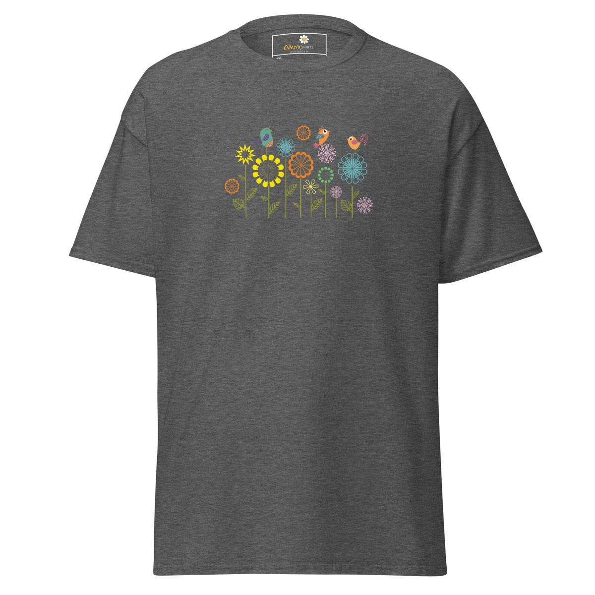 Gray t-shirt with floral design.