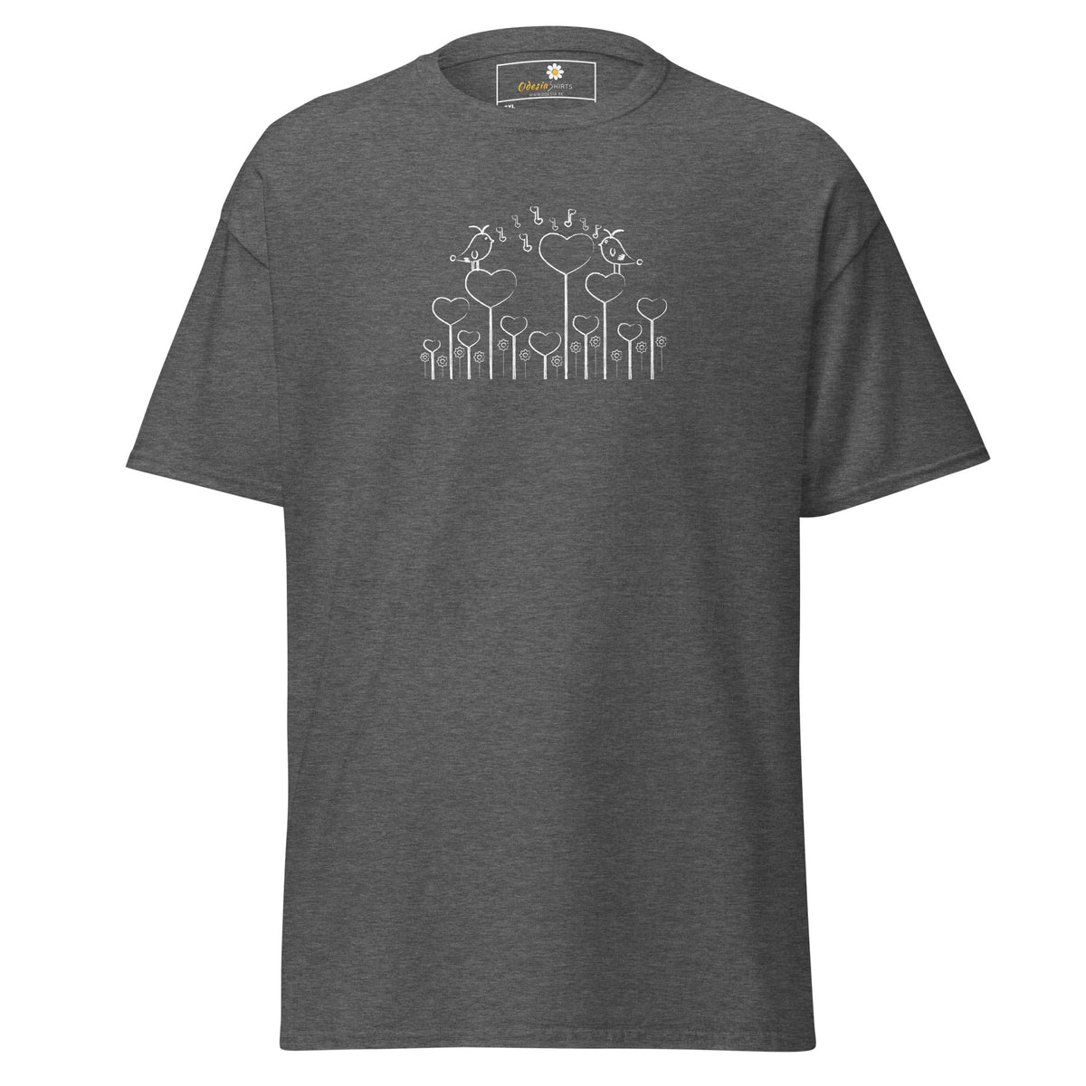 Gray T-shirt with heart and bird design for men and women in sizes 2XL to 5XL