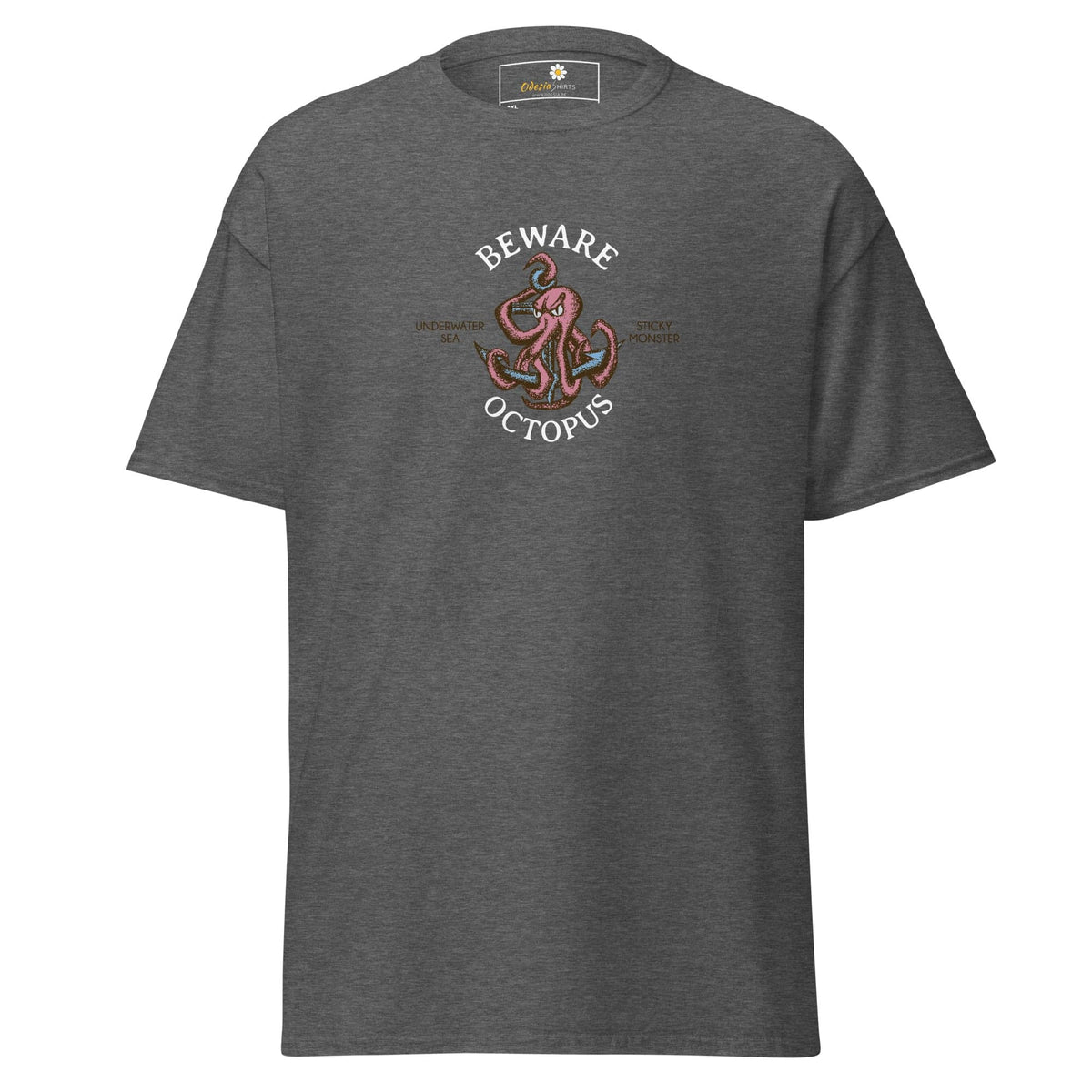 Gray T-shirt with octopus graphic for men and women in sizes 2XL to 5XL