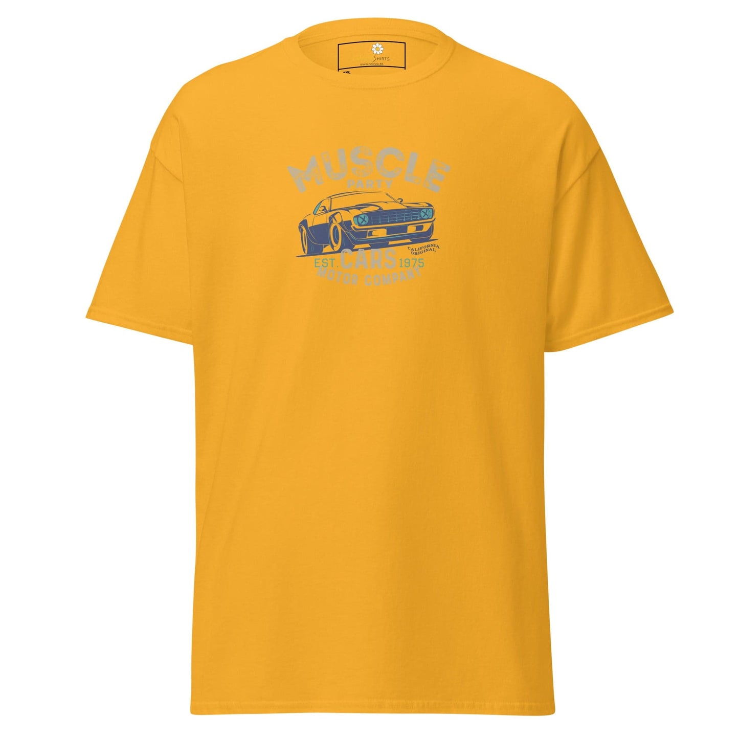 Yellow t-shirt with car graphic.