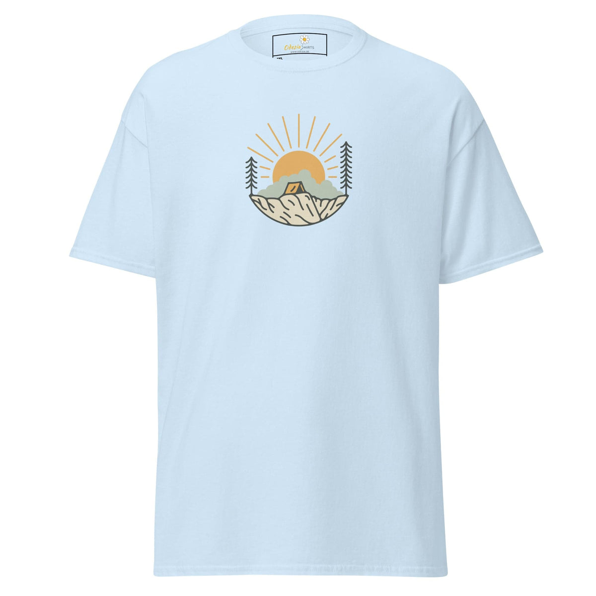 Light blue t-shirt with camping graphic.