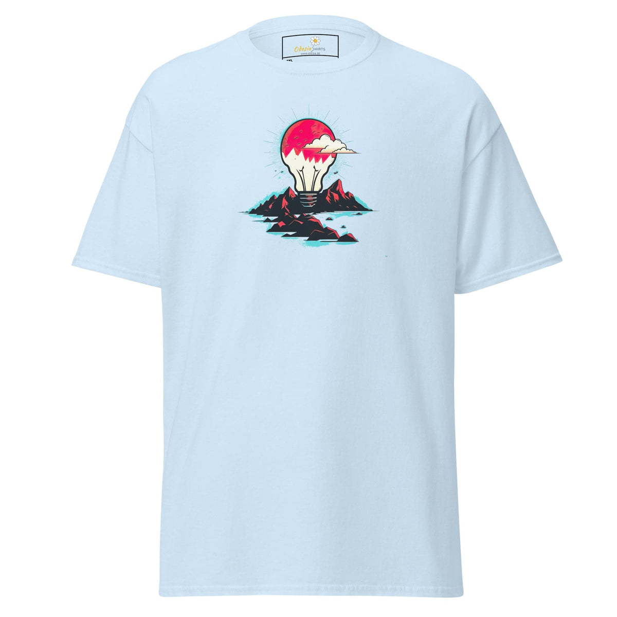 Light blue T-shirt with lightbulb graphic for men and women in 2XL to 5XL sizes