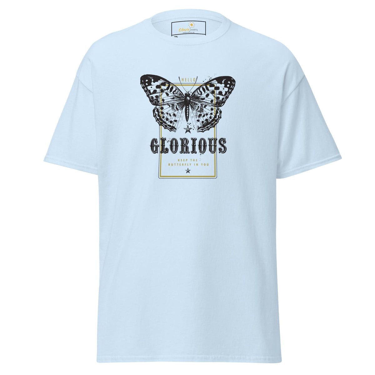 Light blue T-shirt with butterfly graphic for Men and Women in 2XL to 5XL size ranges