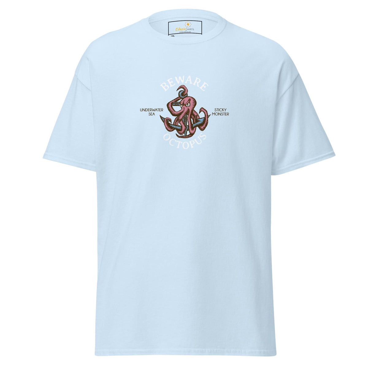 Light blue T-shirt featuring an octopus graphic for men and women in sizes 2XL to 5XL