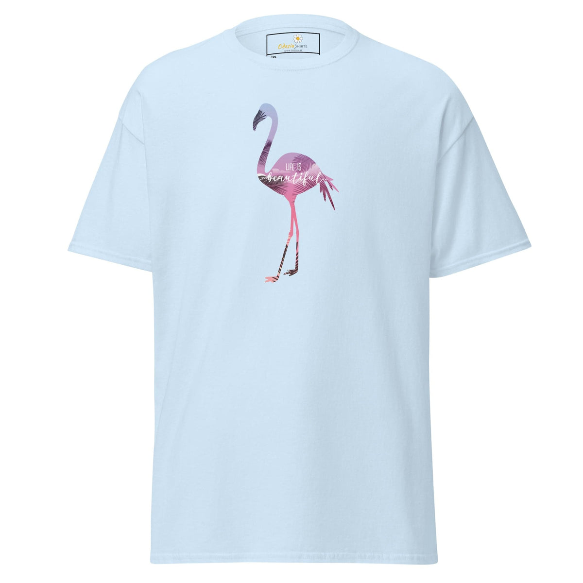 Light blue T-shirt with flamingo graphic for men and women in sizes 2XL to 5XL