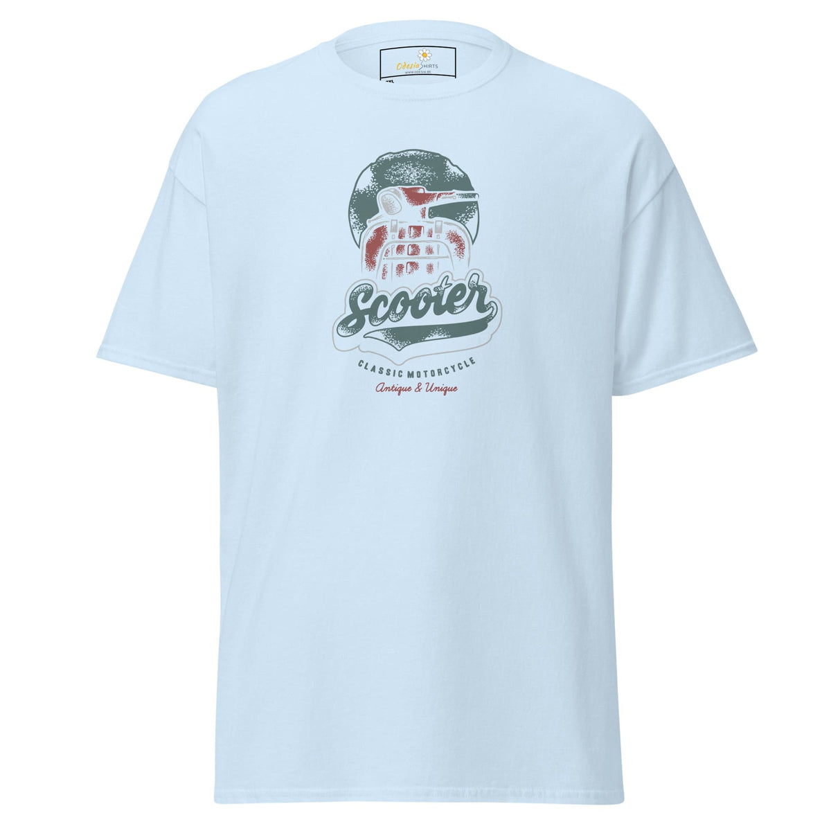 White t-shirt with scooter graphic.